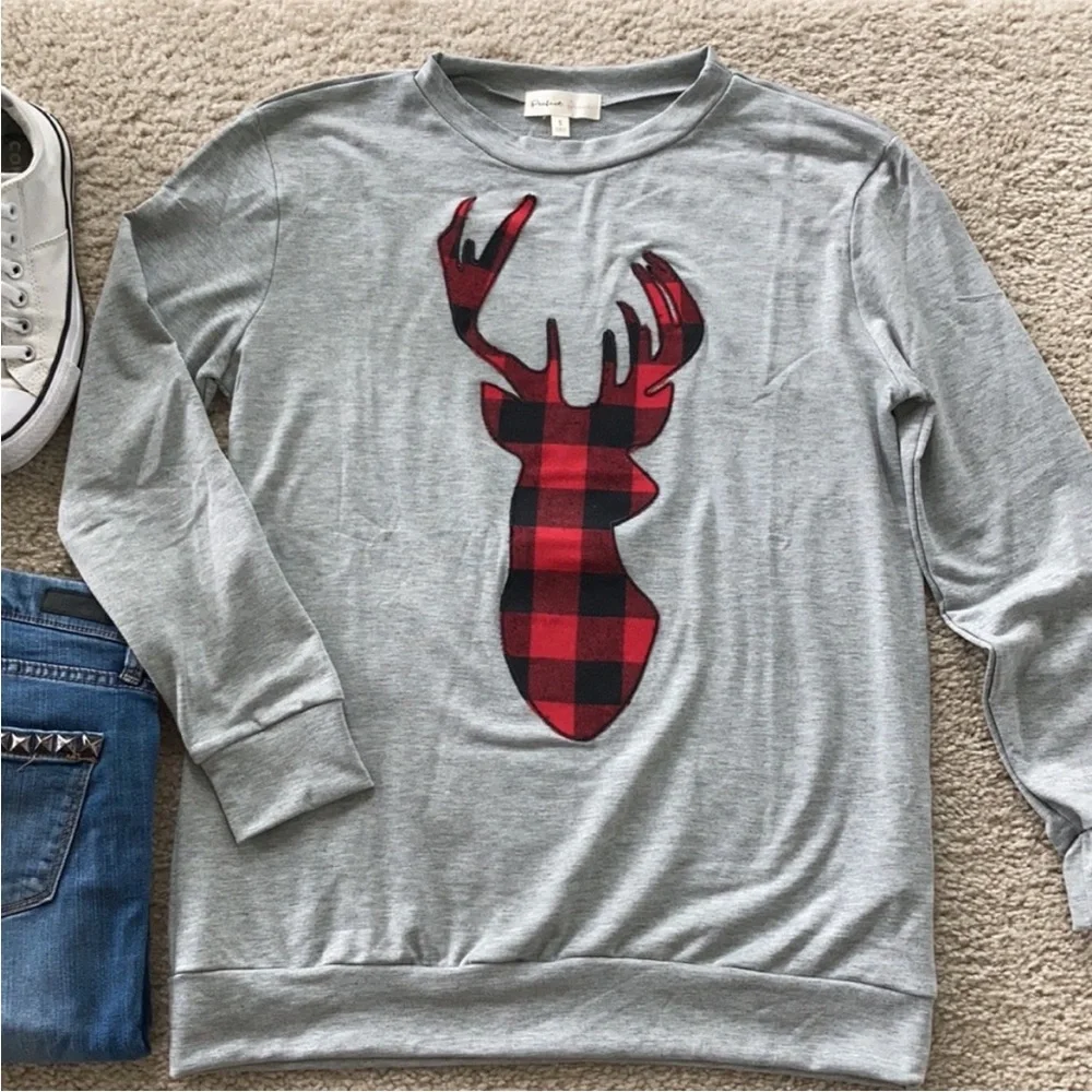 French Terry Long Sleeve Plaid Reindeer Top - Picture 7 of 7